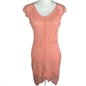 You Are Not Alone Dress Short Sleeve Peach Sheer Lace Overlay‎ Dress Size L